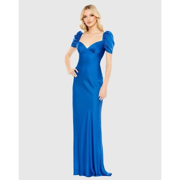 MAC DUGGAL Size 6 Blue Satin Empire Waist Puff Sleeve Formal Gown Dress New $498 - Picture 1 of 10